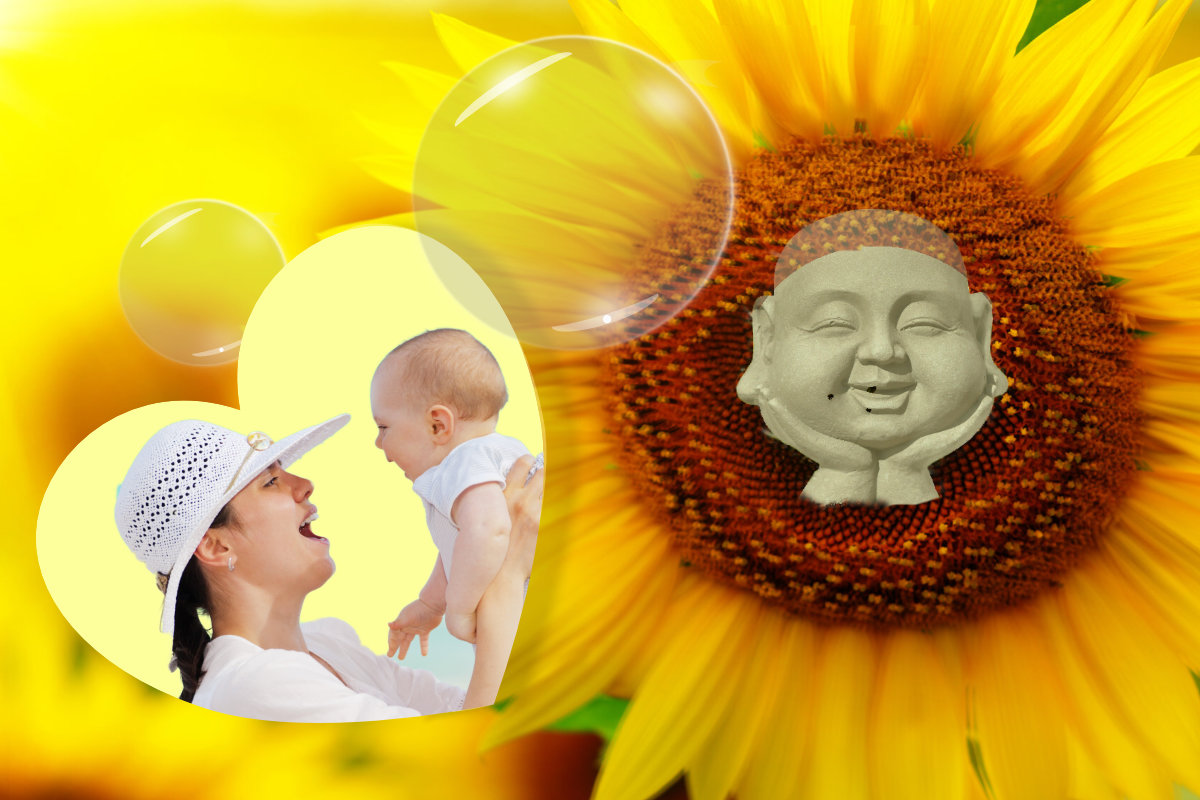 L'image de la joie : tournesol, bébé et maman